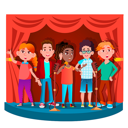 Group Of Children Singing Into The Microphone On Stage Vector. Illustration