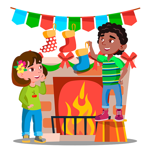 Two Kids Hanging Christmas Socks On Decorated Fireplace Vector. Illustration