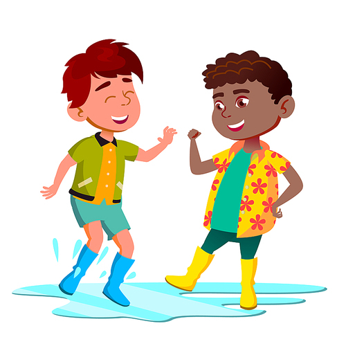 African And Asian Kids In Boots Jump In Puddle After The Rain Vector. Illustration