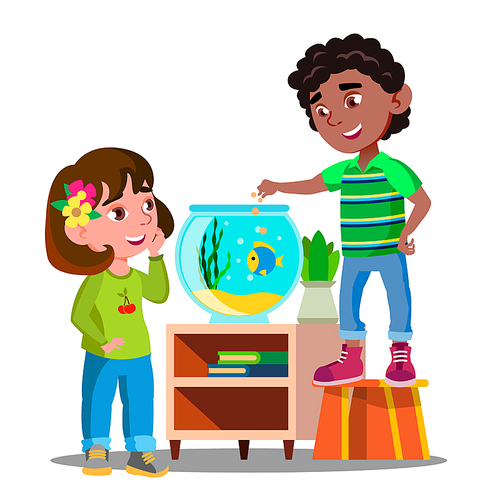 Afro American Boy And White Girl Whatch And Feed Fish In Aquarium Together Vector. Illustration