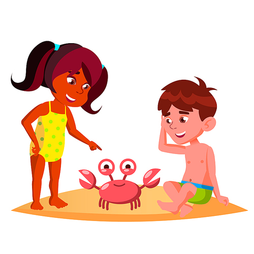 Squatting Kids Watching A Crab On The Beach Vector. Illustration