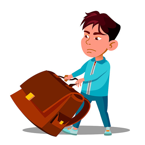 Child Boy With Effort Draging Along The Floor A Heavy School Backpack Vector. Illustration