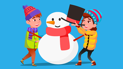 Girl And Boy In Winter Clothes Mold A Big Snowman Vector. Illustration