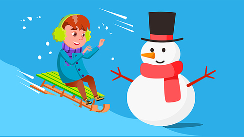 Kid Boy Rolling Downhill On A Sled And Crashes Into Snowman Vector. Illustration