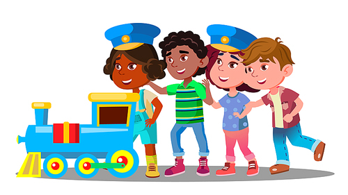 Multinational Kids Go Holding Each Other During The Game In The Train Vector. Illustration