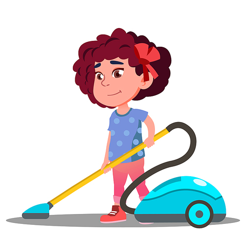 Little Girl Vacuuming Floor In House Vector. Illustration