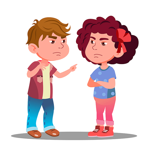 Little Boy And Girl Offended On Each Other Vector. Illustration