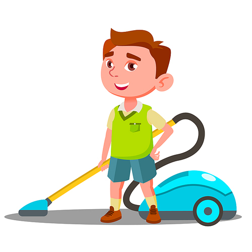 Little Boy With Vacuum Cleaner Helps To Do House Cleaning Vector. Illustration