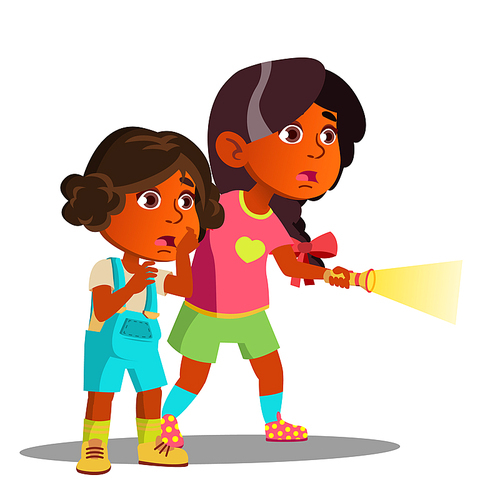 Two Frightened Indian Girls Shine With Flashlight Vector. Illustration