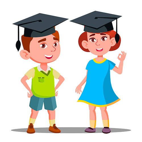 Little Boy And Girl In Large Graduate Cap Vector. Illustration