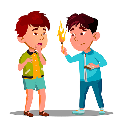 Two Little Asian Boys Playing With Matches Vector. Illustration