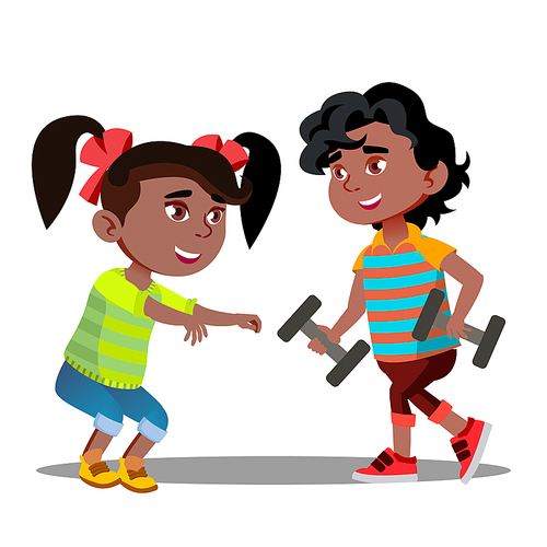 Little Girls And Boys Doing Gymnastic Exercises Vector. Illustration