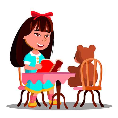 Cute Girl Reading A Book A Soft Toy Bear Vector. Illustration