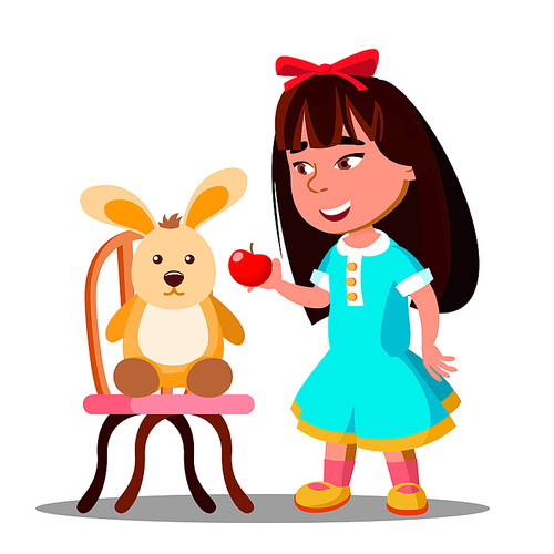 Little Girl Shares One Apple With Her Soft Toy Hare Vector. Illustration