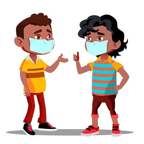 Two Afro American Boys With Medical Masks On Their Faces During Quarantine Vector. Illustration