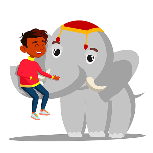 Elephant Holds A Indian Boy On Trunk Vector. Illustration