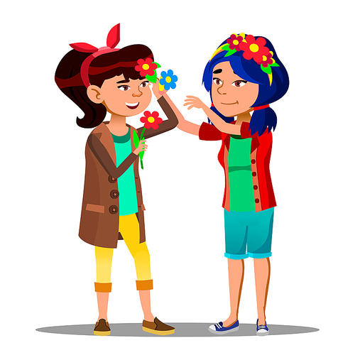 Two Asian Girls Decorate Themselves With Flowers For Festival Of Spring And Flowers Vector. Illustration