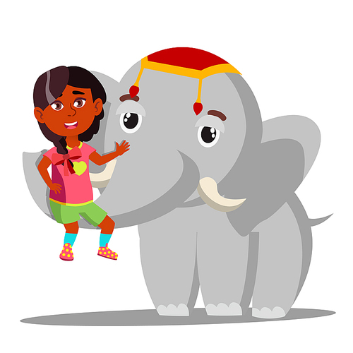 Elephant Holds A Little Indian Girl On Trunk Vector. Illustration