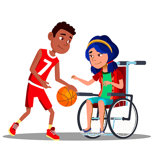 Asian Girl In Wheelchair With Afro American Boy Playing Basketball Together Vector. Illustration