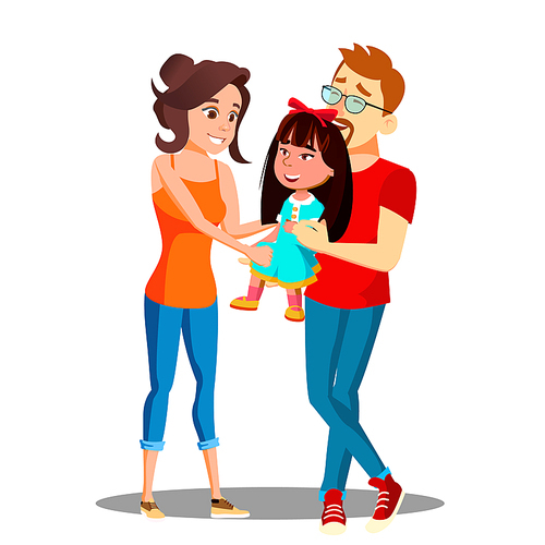 Two White Parents Holding The Hands Of Asian Adopted Child Vector. Illustration