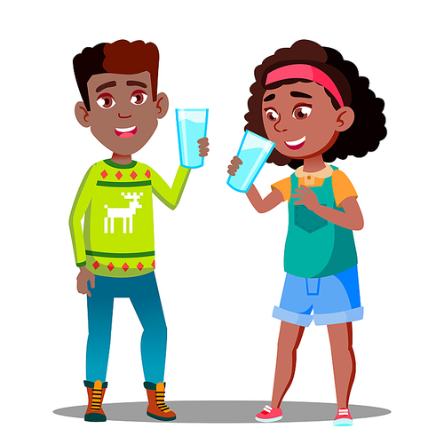 Two Afro American Kids Drinking Organic Milk From A Glass Vector. Illustration