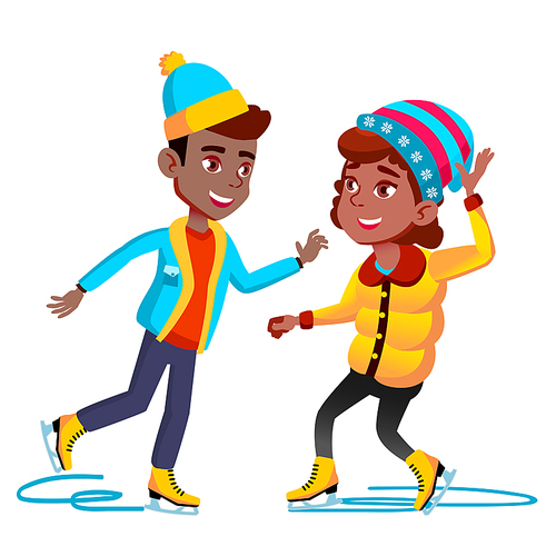 Afro Americal Girl And Boy In Winter Clothes Skating On Ice Vector. Illustration