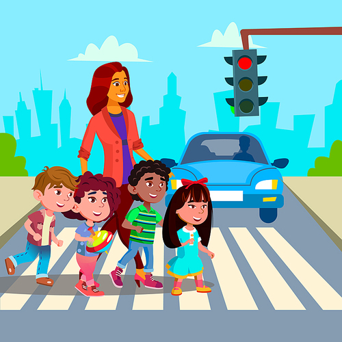 Kindergarten Teacher Transfer Across The Road Little Boys And Girls Vector. Illustration