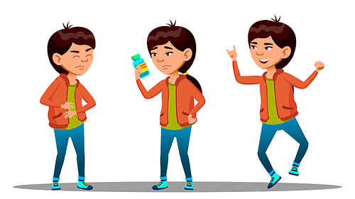 Girl Hurt Stomach And She Drunk The Medicine And Recovered. Before And After Vector. Illustration