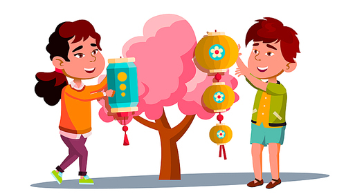 Asian Little Boy And Girl Hanging Chinese Red Lantern On Tree Vector. Illustration