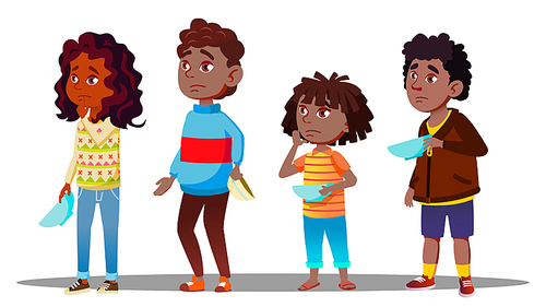 African Children Waiting In Line With Empty Plates For Social Dinner Vector. Illustration