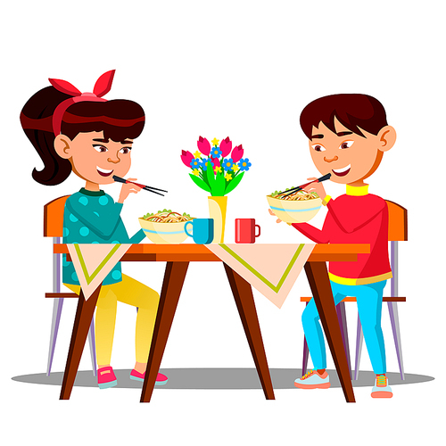 Two Hungry Little Asian Kids At The Table Eating Spaghetti, Pasta Vector. Illustration