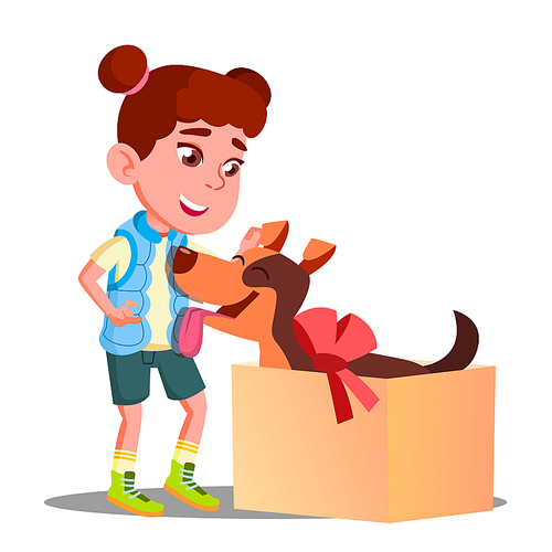 Happy Little Girl Takes Out Of Gift Box A Dog Vector. Illustration