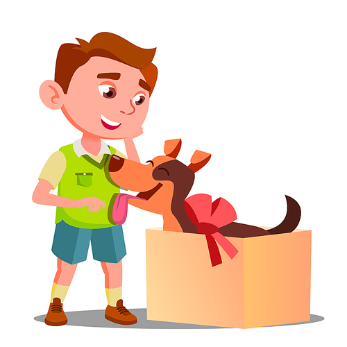 Happy Little Boy Takes Out Of Gift Box A Dog Vector. Illustration