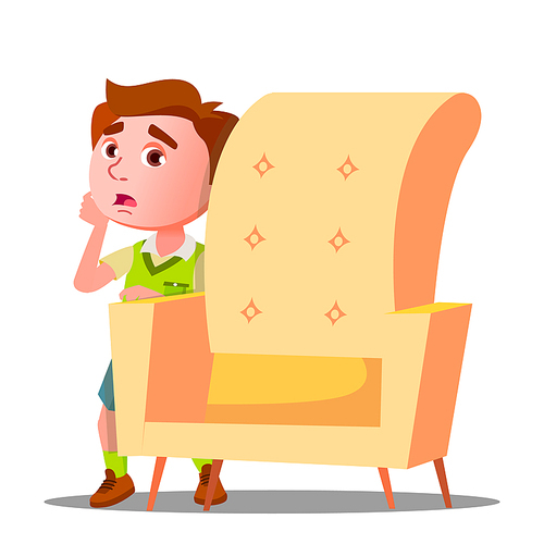 Frightened Little Boy Looks Out From Behind The Armchair Vector. Illustration