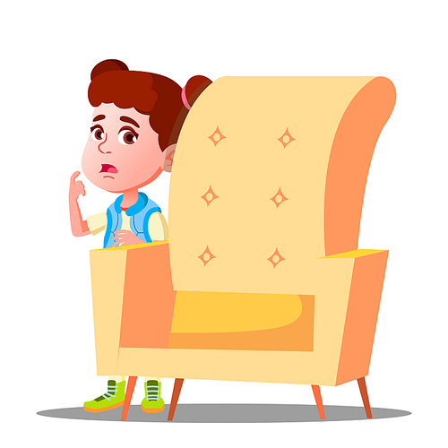 Frightened Little Girl Looks Out From Behind The Armchair Vector. Illustration