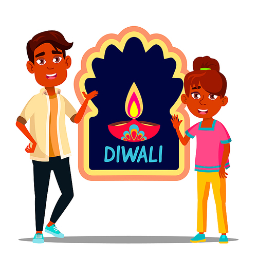 Happy Indian Children In Turban With Diwali Banner Vector. Illustration