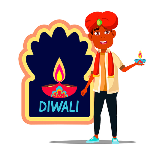 Indian Child Boy In Turban With Diwali Banner Vector. Illustration