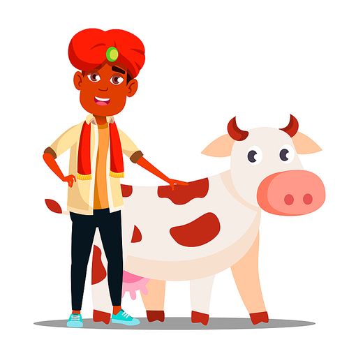 Indian Child Boy In Turban With Cow Vector. Illustration