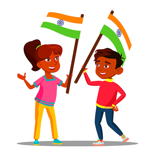 Happy Indian Kids Waving Flags Of India On Independence Day Vector. Illustration