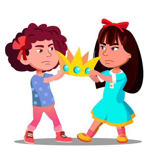 Two Little Girls Pulling Out The Crown From Hands Of Each Other Vector. Illustration