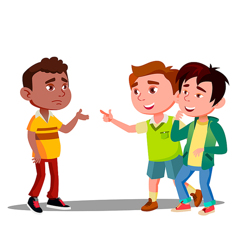 Child Racism, Two White Boys Laughing At Afro American Kid Vector. Illustration