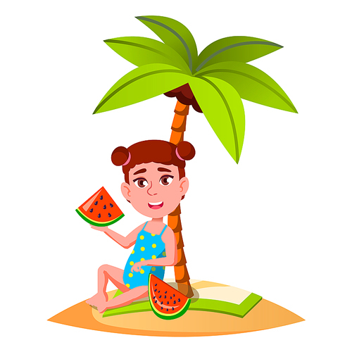 Little Girl Eating Watermelon Under Palm At Beach Vector. Illustration