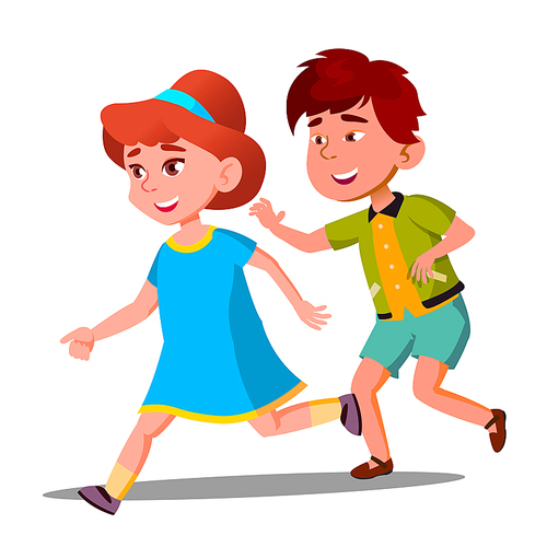 Little Boy And Girl Playing Catch-Up Vector. Illustration