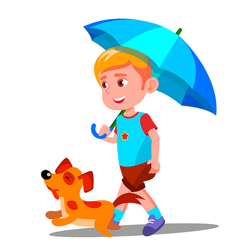 Little Boy Walking A Dog Under Umbrella In The Rain Vector. Illustration