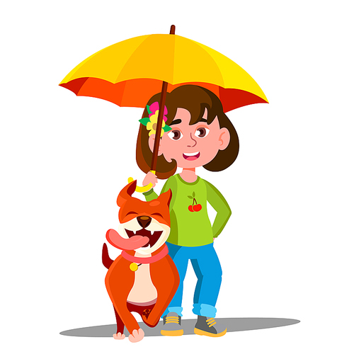 Little Girl Walking A Dog Under Umbrella In The Rain Vector. Illustration