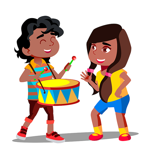 Afro American Boy Playing Drum Next To Dancing Afro American Girl Vector. Illustration