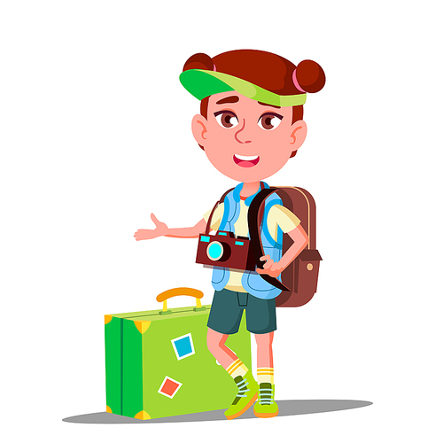 Little Traveler Girl With Suitcase, Cap On His Head And Camera On His Chest Vector. Illustration