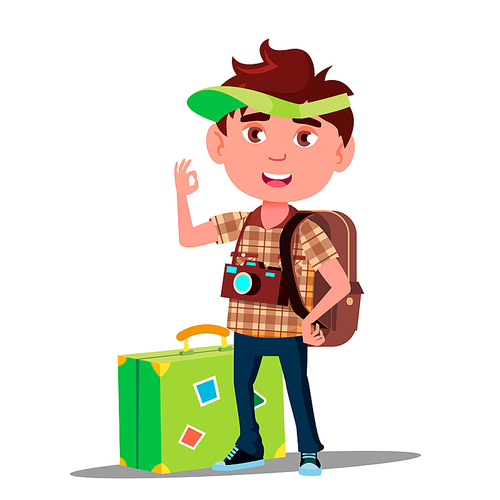 Little Traveler Boy With Suitcase, Cap On His Head And Camera On His Chest Vector. Illustration