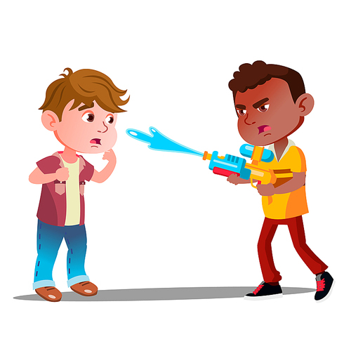 Angry Boy Shoots Water From Water Pistol In Face Of Little Boy Vector. Illustration