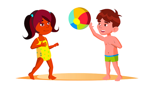 Indian Child Girl And European Boy In Beach Suits Playing Ball On The Beach Vector. Illustration